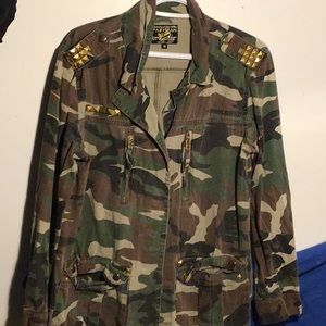 green camouflage jacket, with gold accents